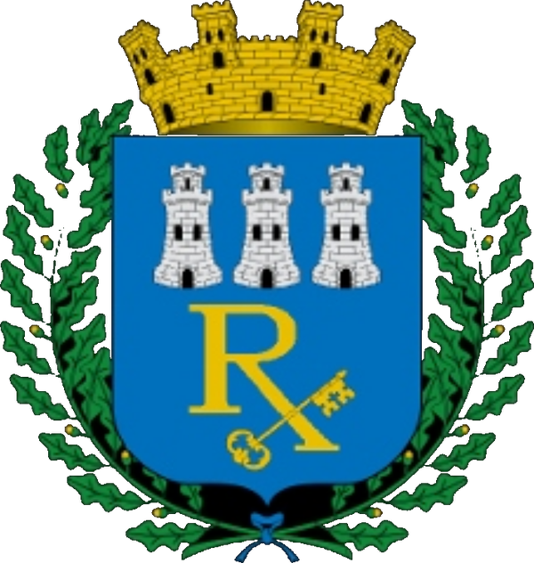 Castillo’s Pharmacy coat of arms: three silver castles and a gold Rx crossed with a key, on a blue shield within a laurel wreath